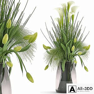 Bouquet of spring green flowers in a glass vase with a tulip, Calla. 115.