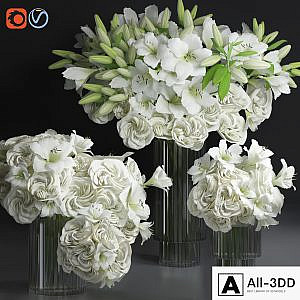 White Lily Tuberose Peony Camelia Bouquet Decorative Glass Vases Set