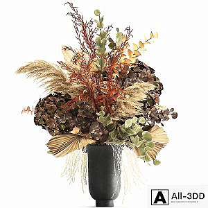 Bouquet of dried flowers in a black vase with dry branches of palm leaves, pampas and Hydrangea. 160.