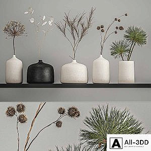 A set of bouquets of dried flowers in vases on the shelf with branches, thorns, lunnik, hogweed. 210