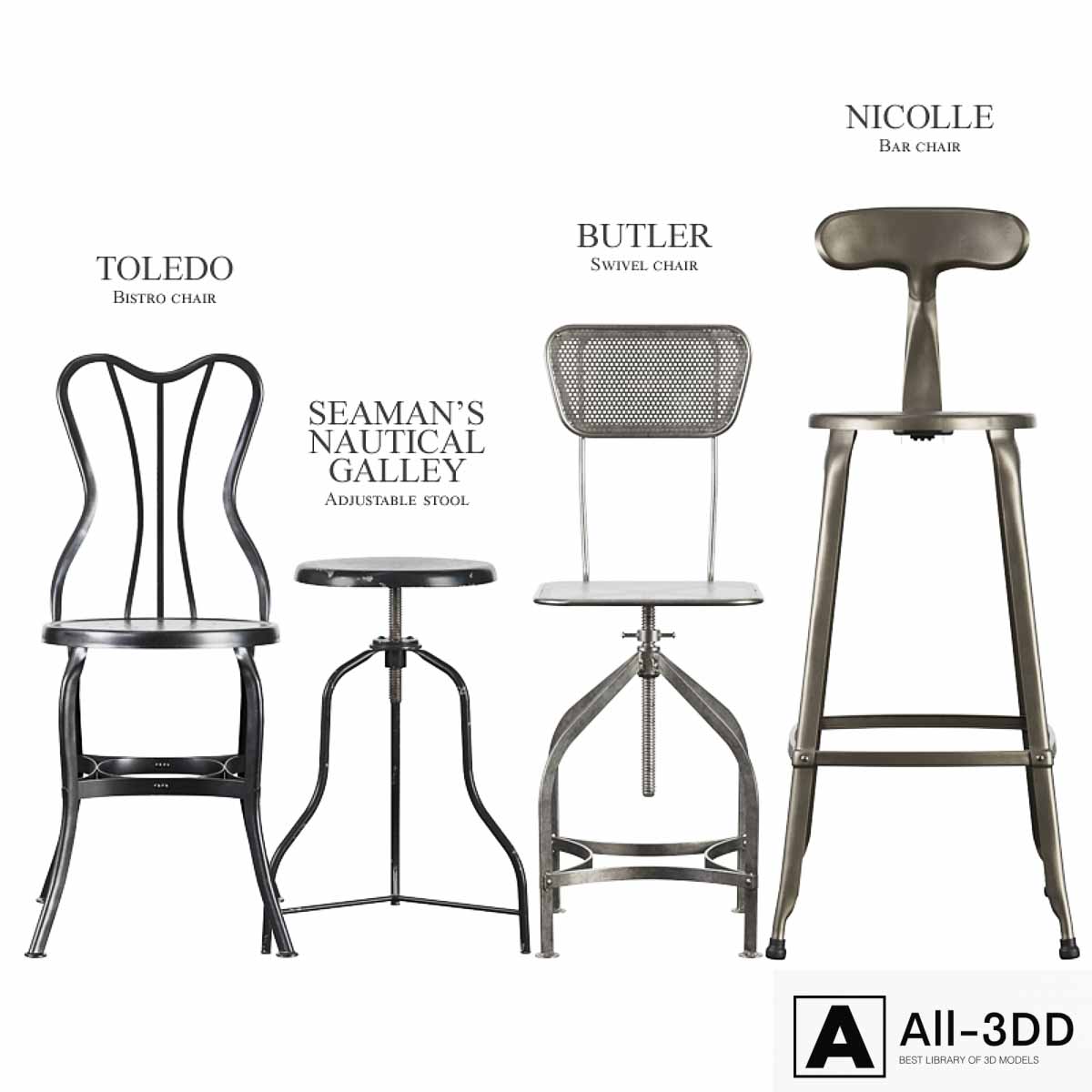 Industrial stools and chairs modern interior 3D model Industrial stools and chairs