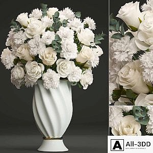 Bouquet of white flowers 35. Spring bouquet, vase, eucalyptus, white rose, carnation, luxury decor, classic vase