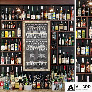 Showcase in the bar with a collection of strong alcohol and cocktails. Alcohol