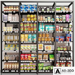 Showcase with conservation and groceries in a supermarket or pantry. Food