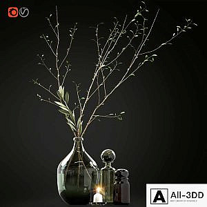 Decorative set with branches and glass bottles