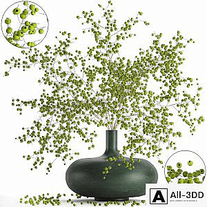 A beautiful lush little bouquet in a vase with green berries on the branches . Set 97.
