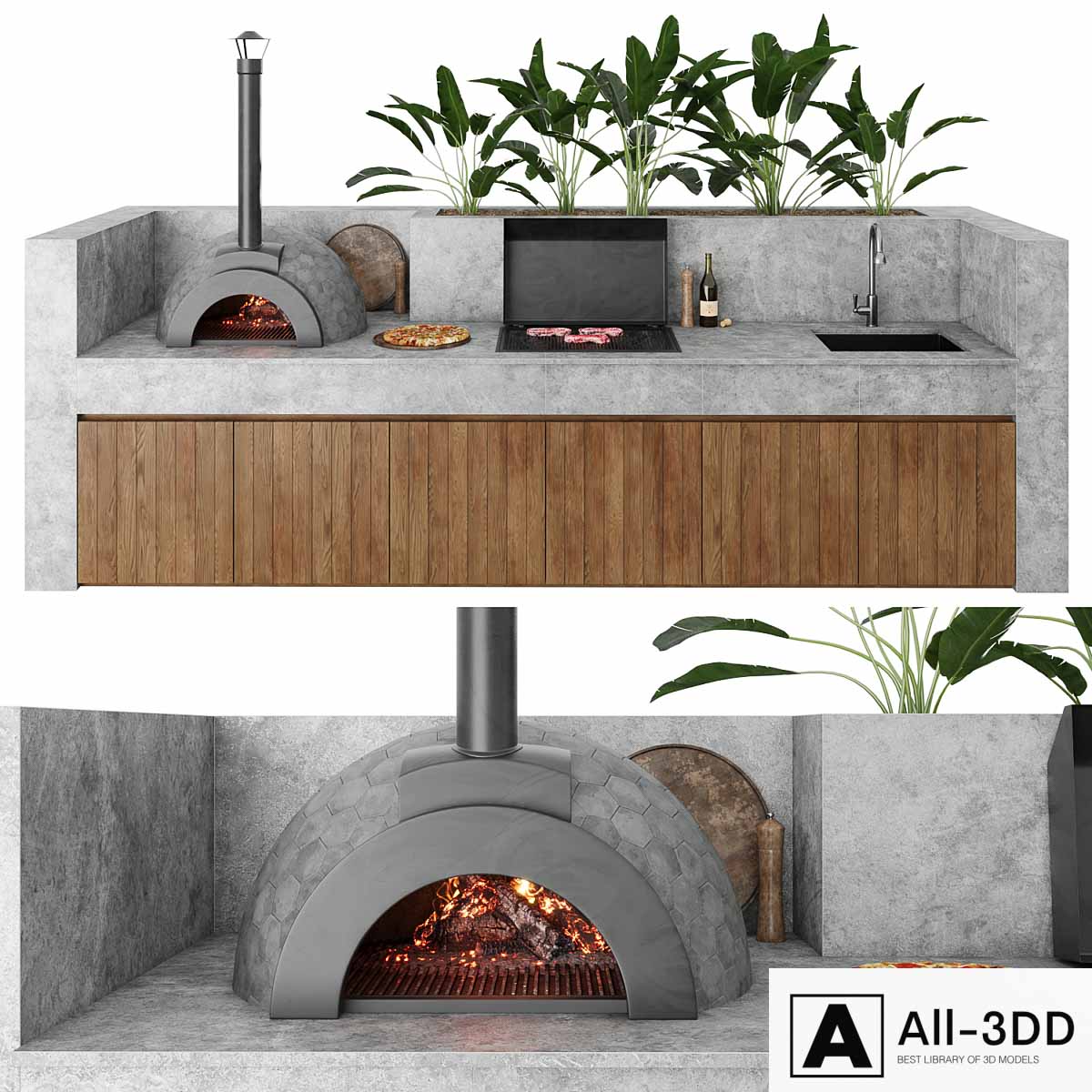 Outdoor kitchen with barbecue and pizza oven modern interior 3D model Outdoor kitchen with barbecue and pizza oven