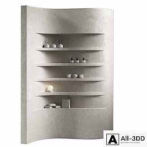 Wavy shelves 3. Rack shelving with decor. Corner wall partitions with niche.