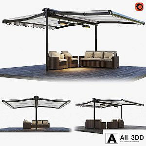 Double-sided cassette tent with rattan garden furniture