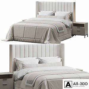 Striped Wingback Headboard Bed