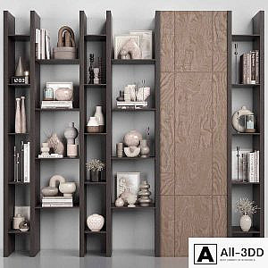 Rack - Shelf 08 - Wooden Shelves With Decorative Objects and Books - Bookcases