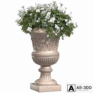 White Petunia flower in a classic flowerpot for decorating the facade.Petunia Plant Flowerpot