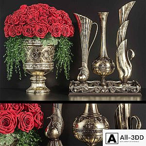 Decoration Set 23 Red Roses in antique vases.