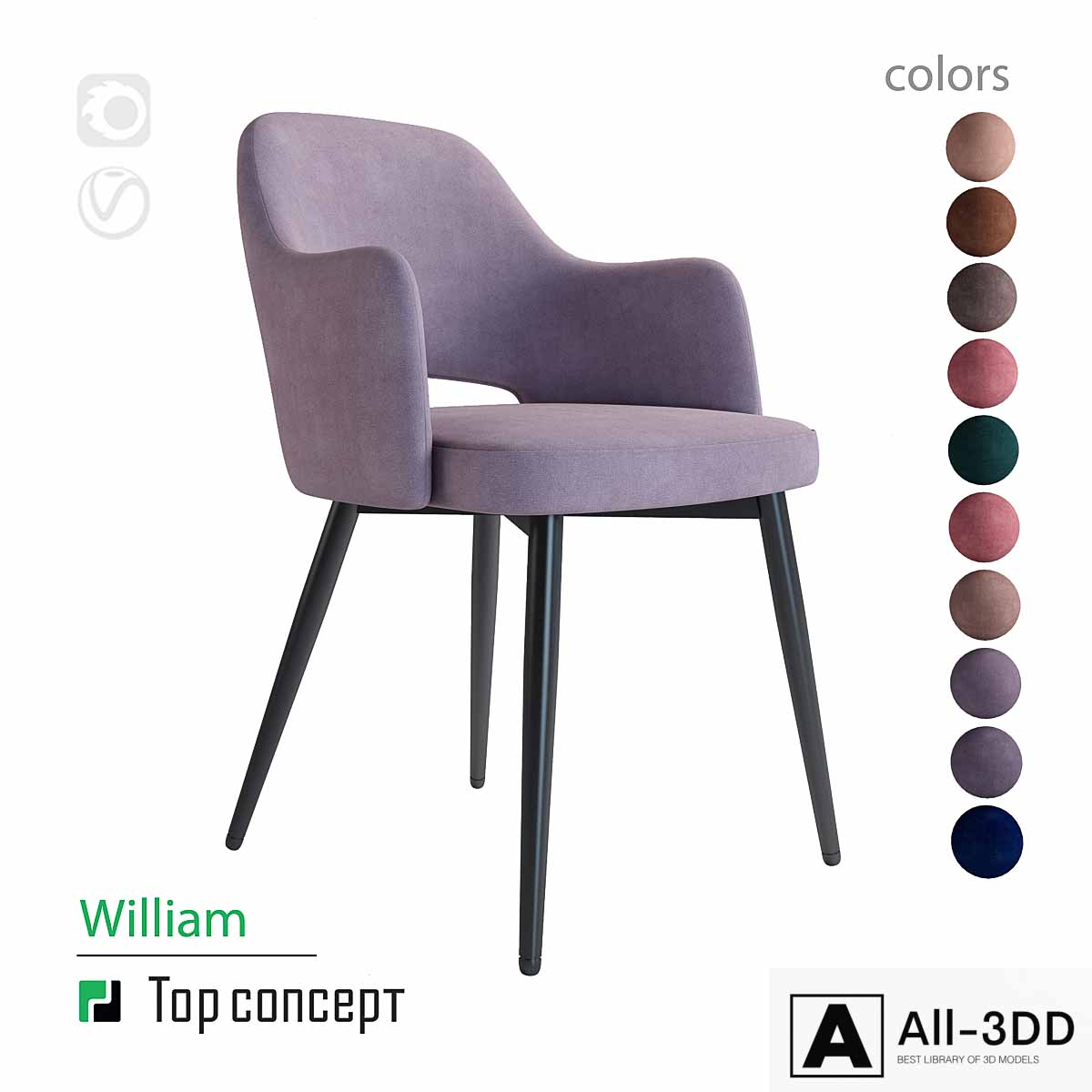William chair with armrests modern interior 3D model William chair with armrests