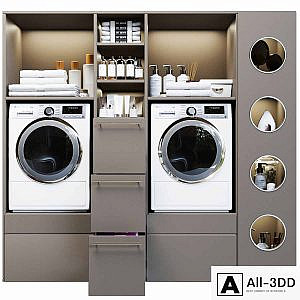 Laundry room in gray with household appliances and cosmetics 5
