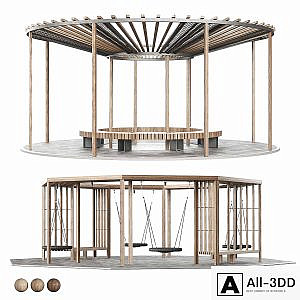 Set of pergolas (gazebos, canopies) with swings, benches