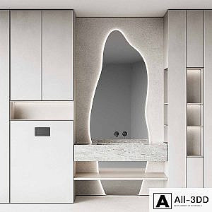 Bathroom furniture set 8. Monochrome grey. Curved mirror shape. Stone sink. Wall-mounted faucet.