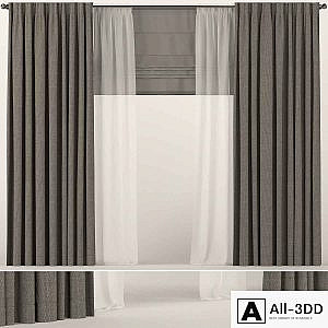 Brown curtains with tulle and roman blinds.