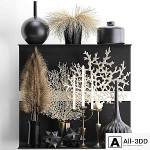 A collection of bouquets of dried flowers in vases on a black metal shelf with pampas, coral, Cortaderia, candlestick. Set 12.