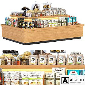 Display stand in a supermarket with products. Juices and cereals