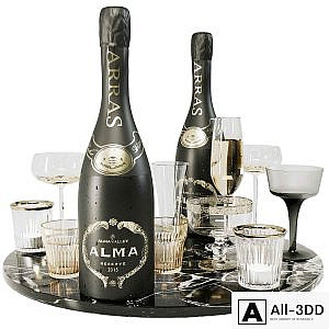 Collection of sparkling wine with crystal glasses and marble tray
