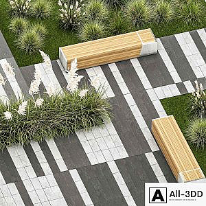 Plants for the urban environment with paving slabs, bench, bench, pampas grass bushes, Cortaderia. 1151.