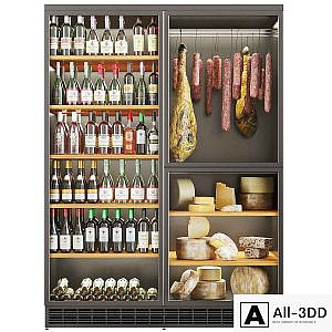 Refrigerator with sausages and jamon in the store